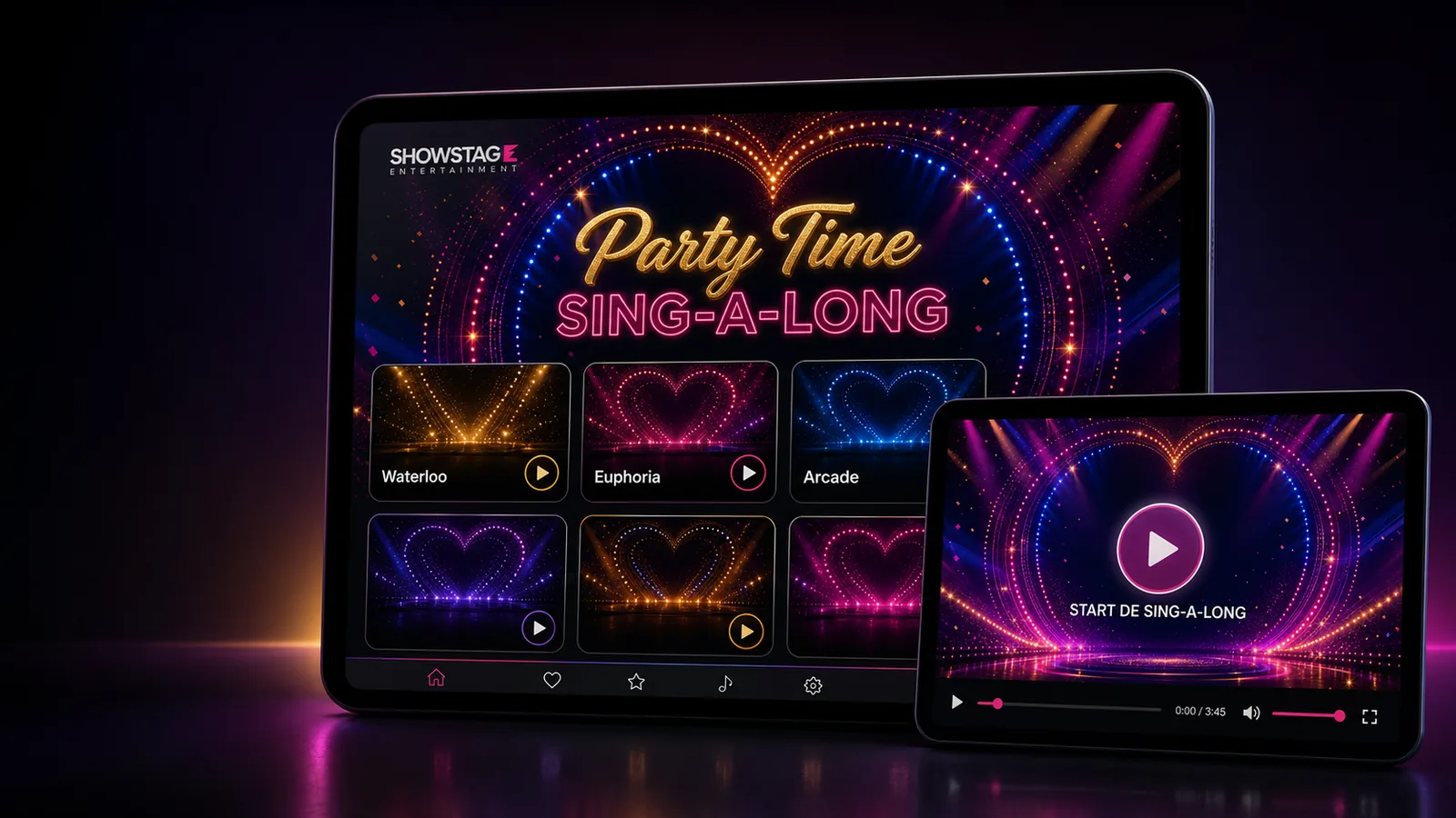 De Sing-A-Long app met de songteksten in beeld op een scherm
