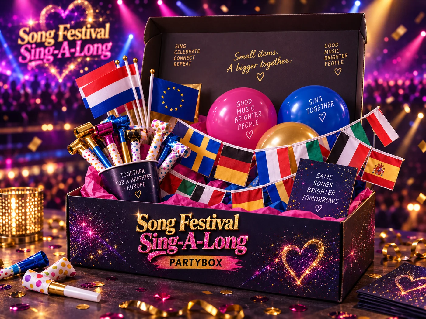 De Song Festival Sing-A-Long Partybox met vlaggetjes, ballonnen, fluitjes en slingers